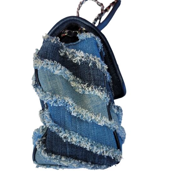 Michael Kors Sloan Denim Crossbody Shoulder Bag Blue Chevron Fringe Patchwork - Picture 14 of 16